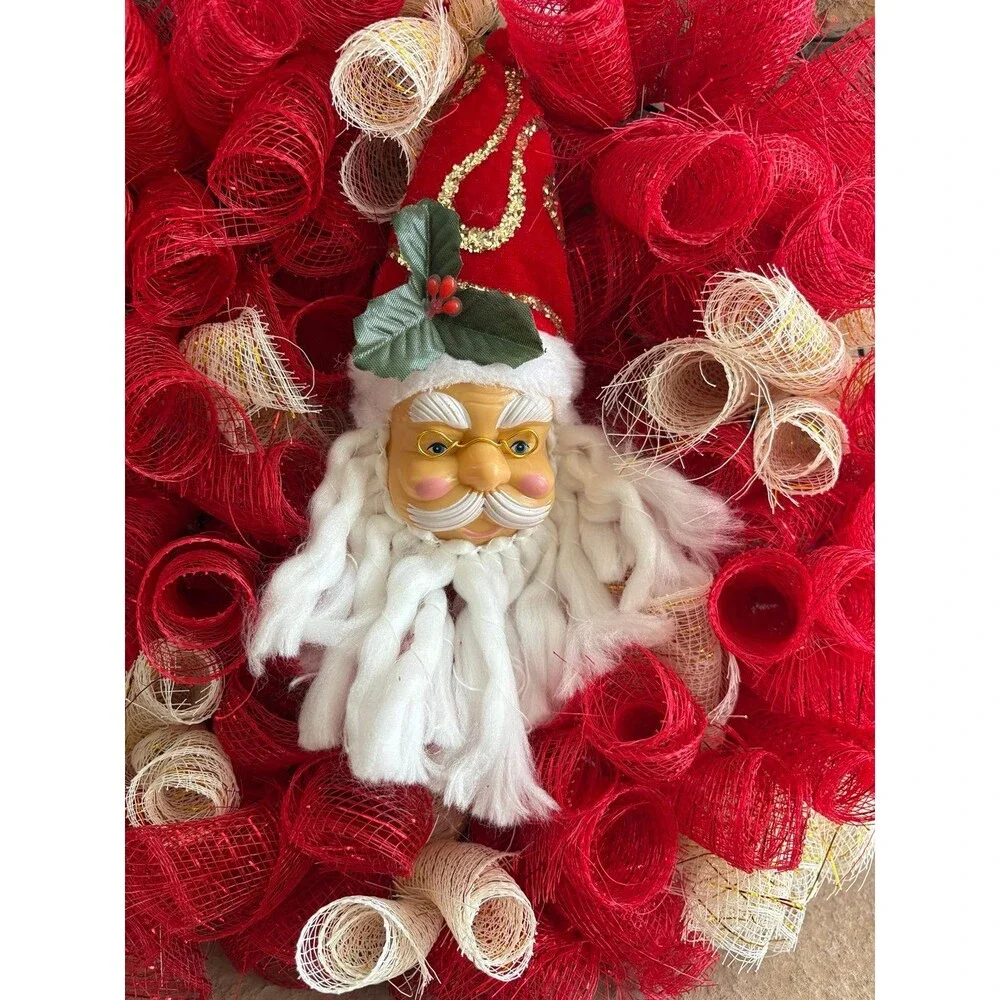 Handmade Seasonal Deco Mesh/Ribbon Wreath Winter Christmas Santa Red White